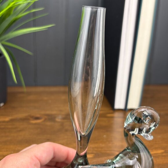 Vintage Glass Duck Bud Vase Clear Handblown Etched Glass Bird Figurine Vase - Picture 10 of 16